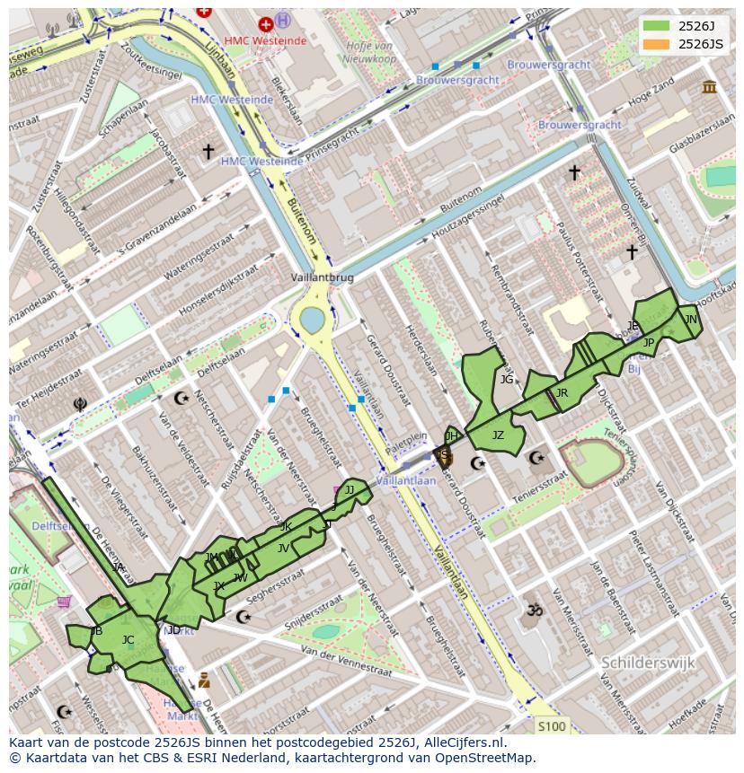 Afbeelding van het postcodegebied 2526 JS op de kaart.