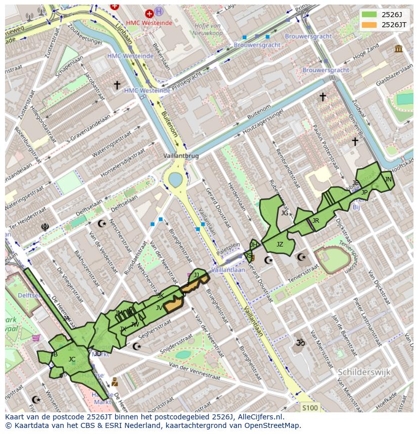 Afbeelding van het postcodegebied 2526 JT op de kaart.