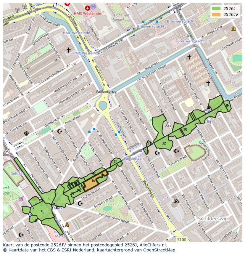 Afbeelding van het postcodegebied 2526 JV op de kaart.