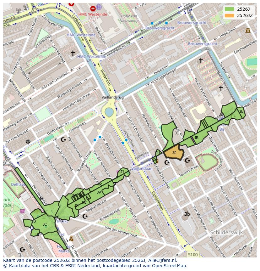 Afbeelding van het postcodegebied 2526 JZ op de kaart.