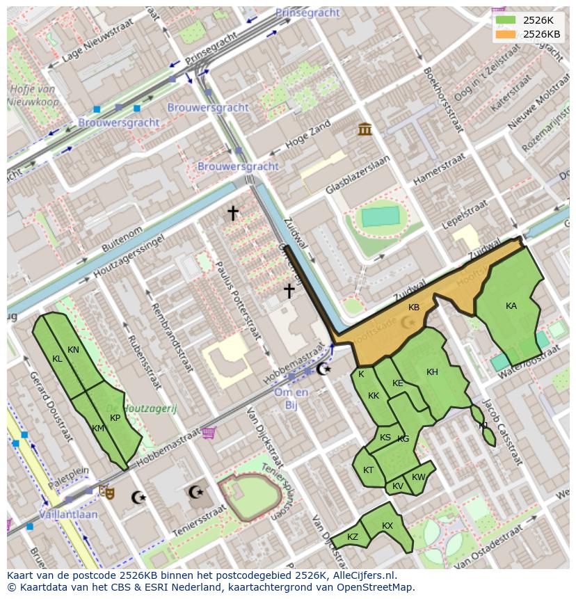 Afbeelding van het postcodegebied 2526 KB op de kaart.
