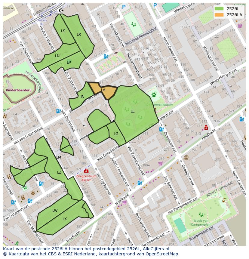 Afbeelding van het postcodegebied 2526 LA op de kaart.
