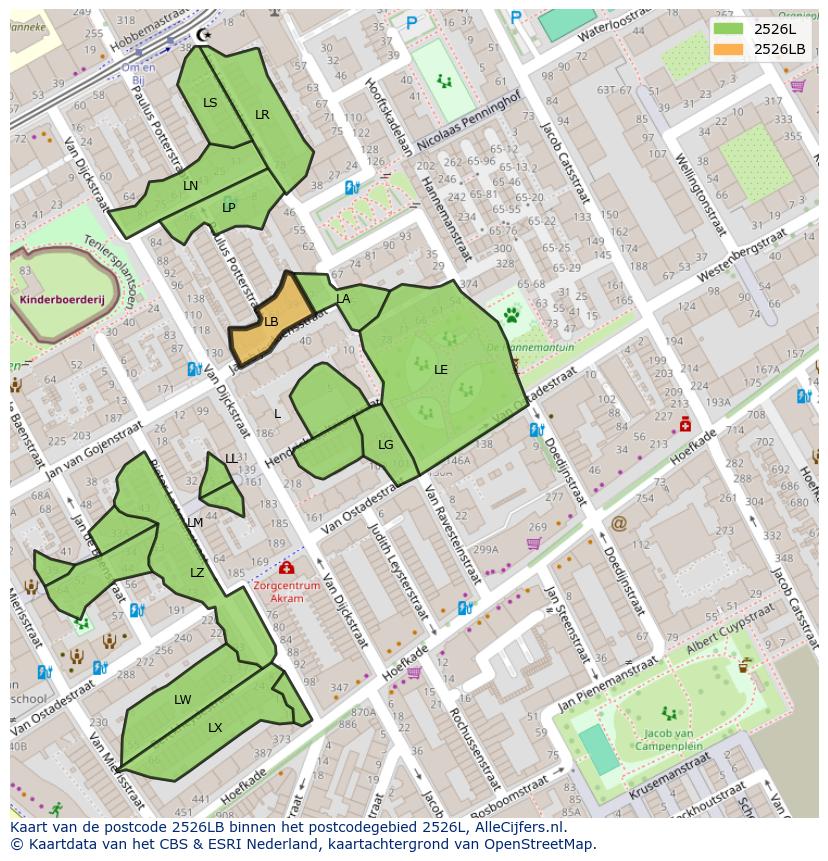Afbeelding van het postcodegebied 2526 LB op de kaart.