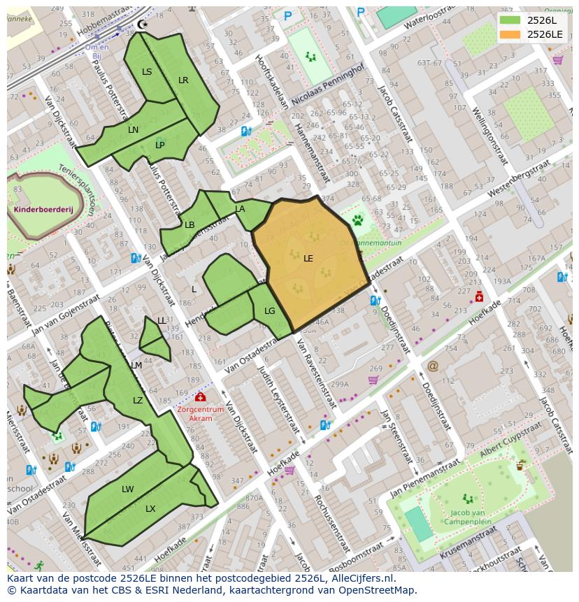 Afbeelding van het postcodegebied 2526 LE op de kaart.