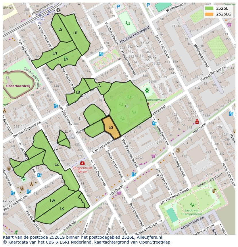 Afbeelding van het postcodegebied 2526 LG op de kaart.