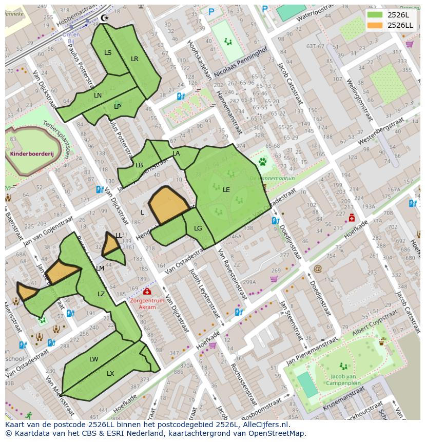 Afbeelding van het postcodegebied 2526 LL op de kaart.