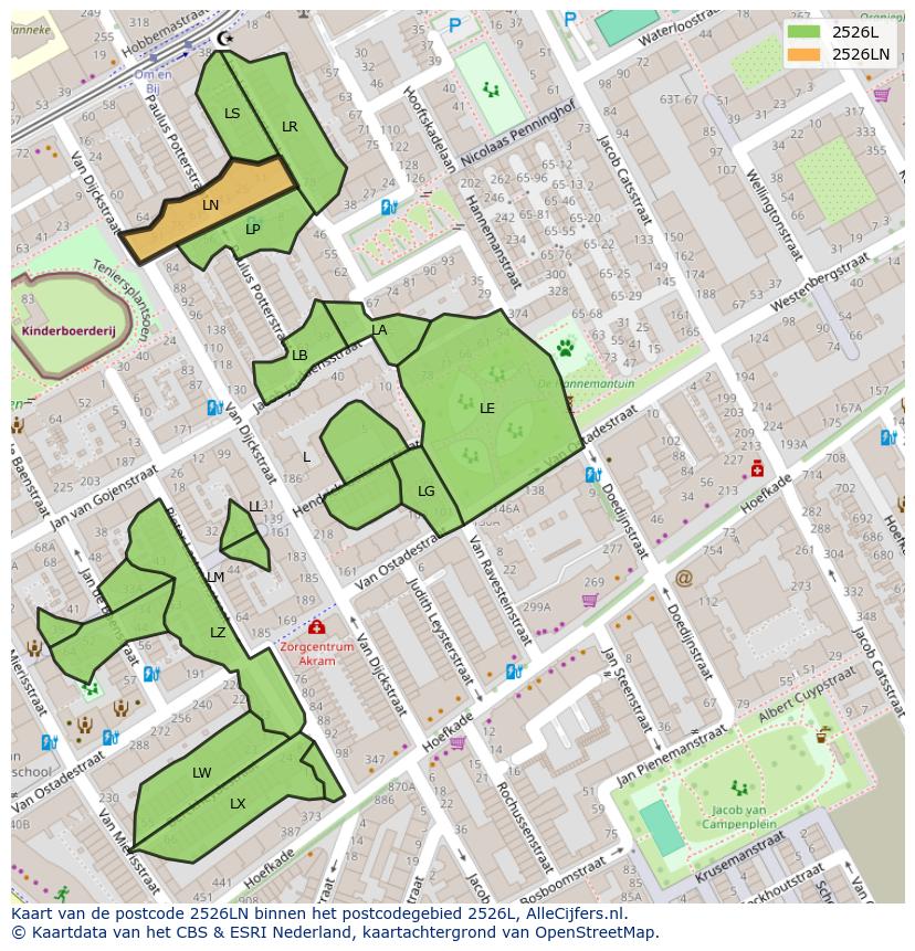 Afbeelding van het postcodegebied 2526 LN op de kaart.