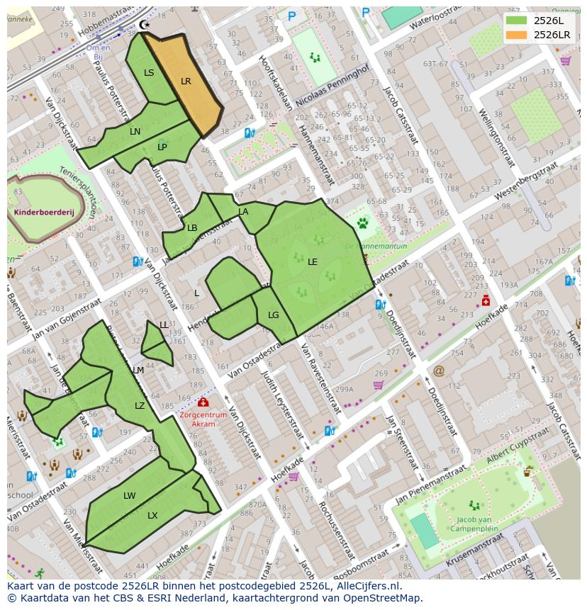 Afbeelding van het postcodegebied 2526 LR op de kaart.