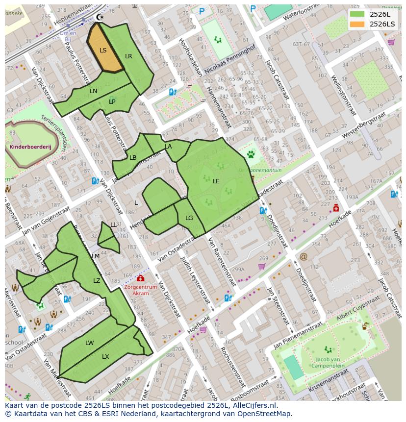 Afbeelding van het postcodegebied 2526 LS op de kaart.