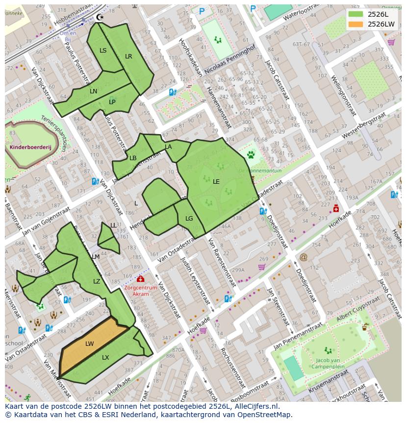 Afbeelding van het postcodegebied 2526 LW op de kaart.