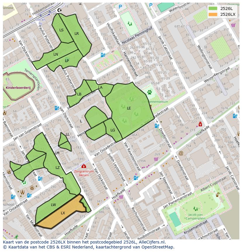 Afbeelding van het postcodegebied 2526 LX op de kaart.
