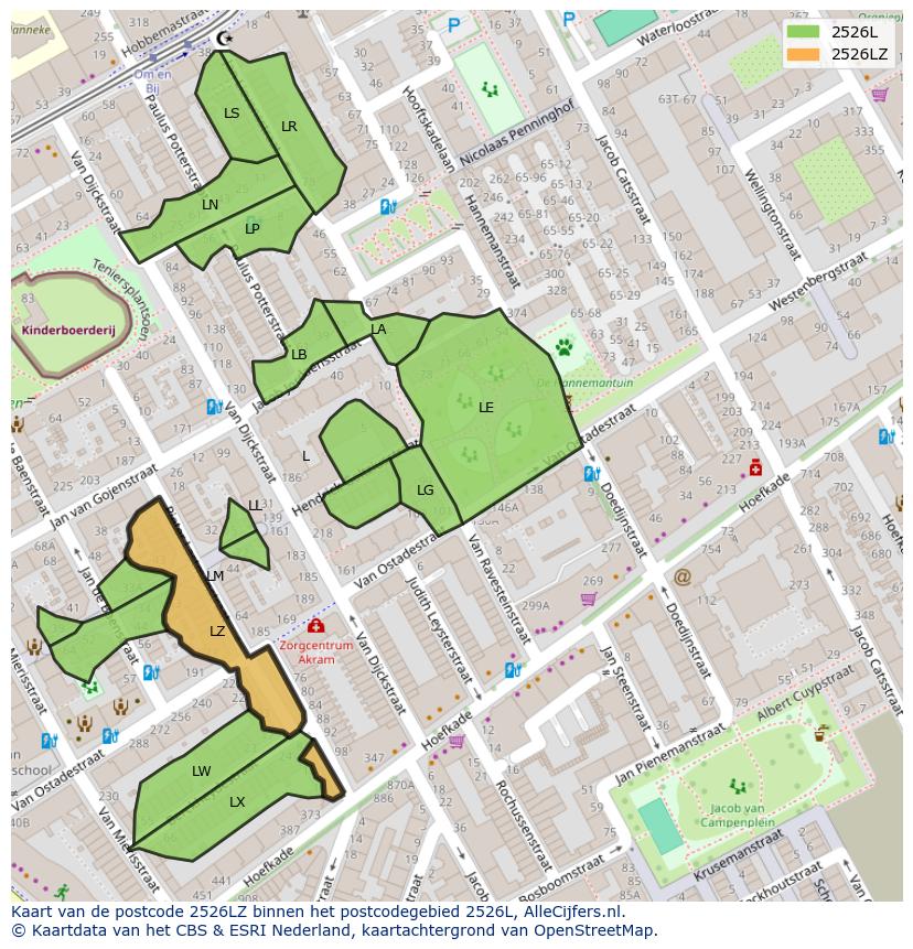 Afbeelding van het postcodegebied 2526 LZ op de kaart.