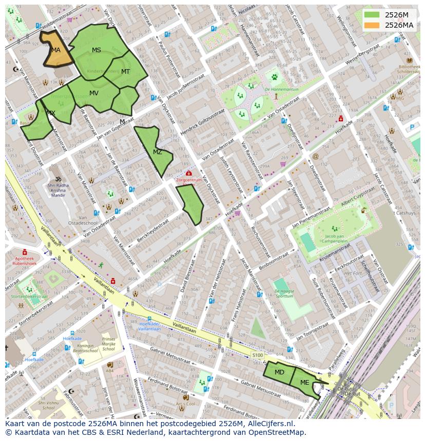 Afbeelding van het postcodegebied 2526 MA op de kaart.