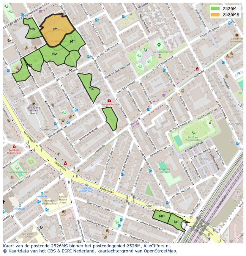 Afbeelding van het postcodegebied 2526 MS op de kaart.