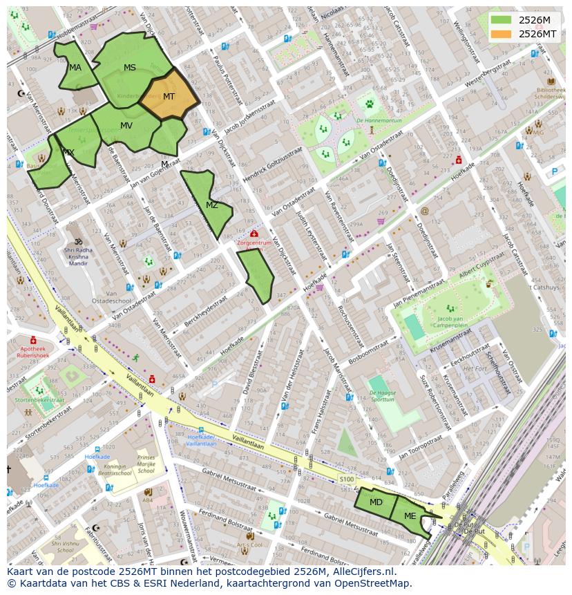 Afbeelding van het postcodegebied 2526 MT op de kaart.