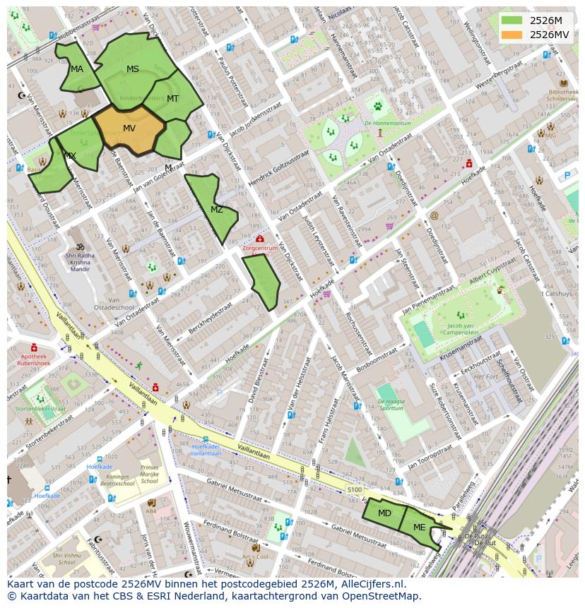 Afbeelding van het postcodegebied 2526 MV op de kaart.