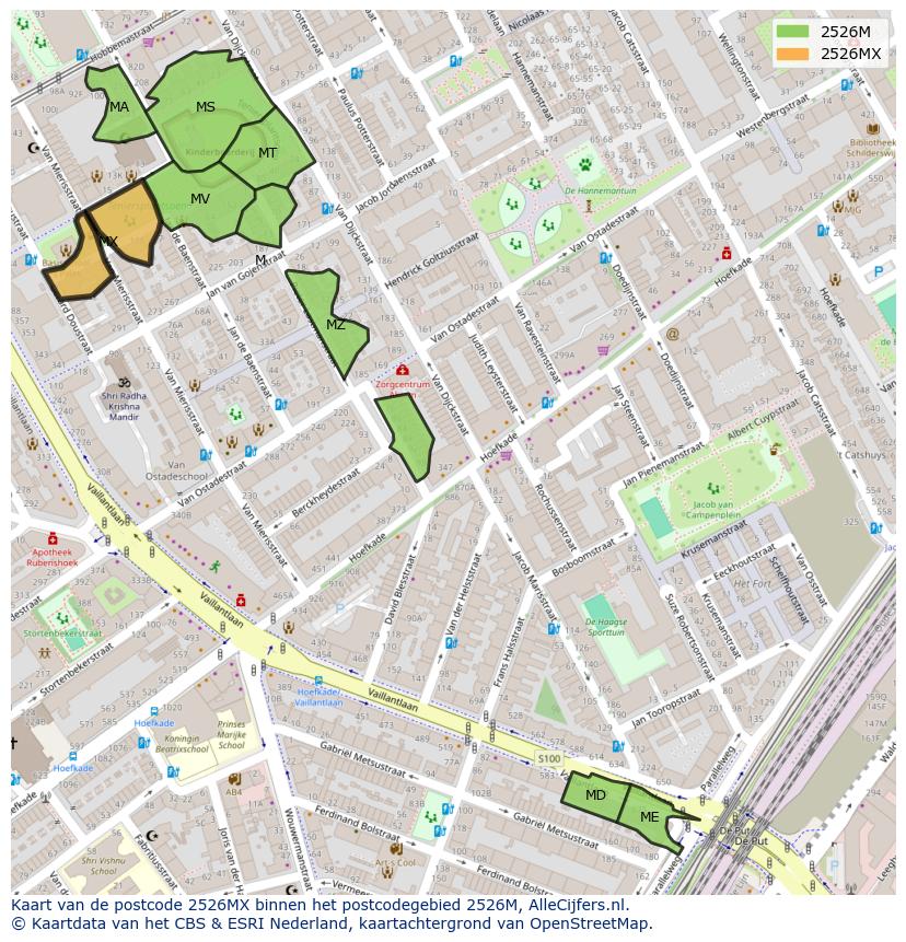 Afbeelding van het postcodegebied 2526 MX op de kaart.