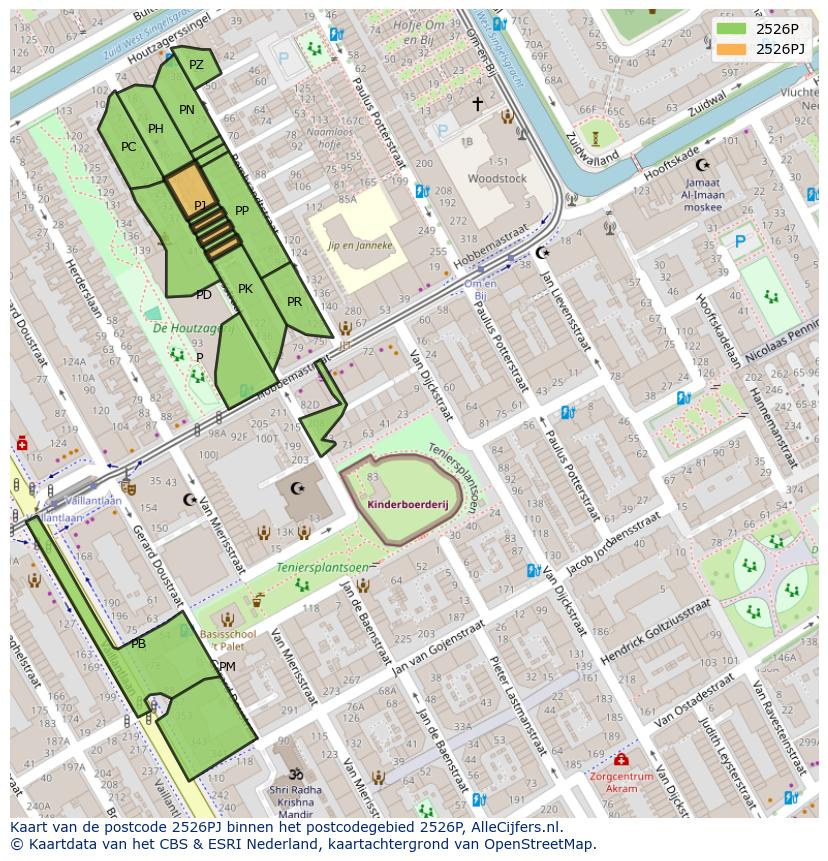 Afbeelding van het postcodegebied 2526 PJ op de kaart.