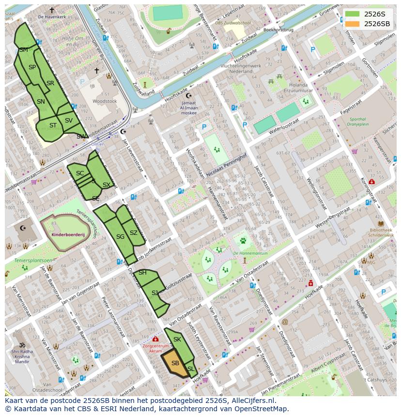 Afbeelding van het postcodegebied 2526 SB op de kaart.