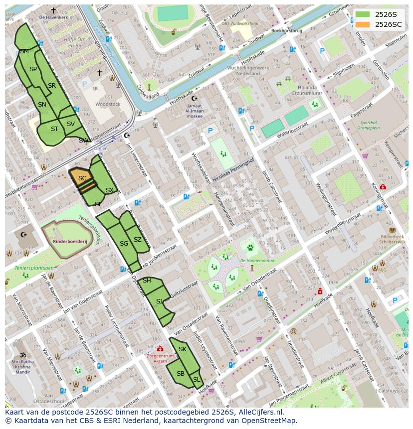 Afbeelding van het postcodegebied 2526 SC op de kaart.