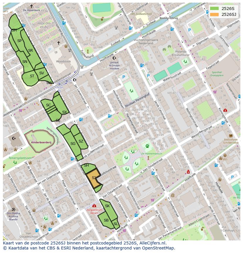 Afbeelding van het postcodegebied 2526 SJ op de kaart.