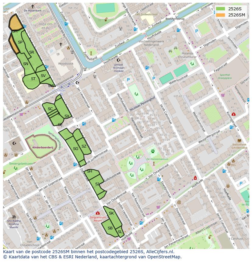 Afbeelding van het postcodegebied 2526 SM op de kaart.