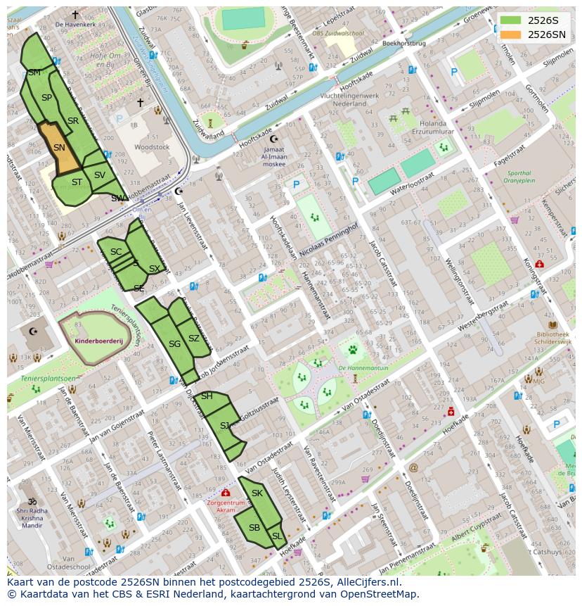 Afbeelding van het postcodegebied 2526 SN op de kaart.