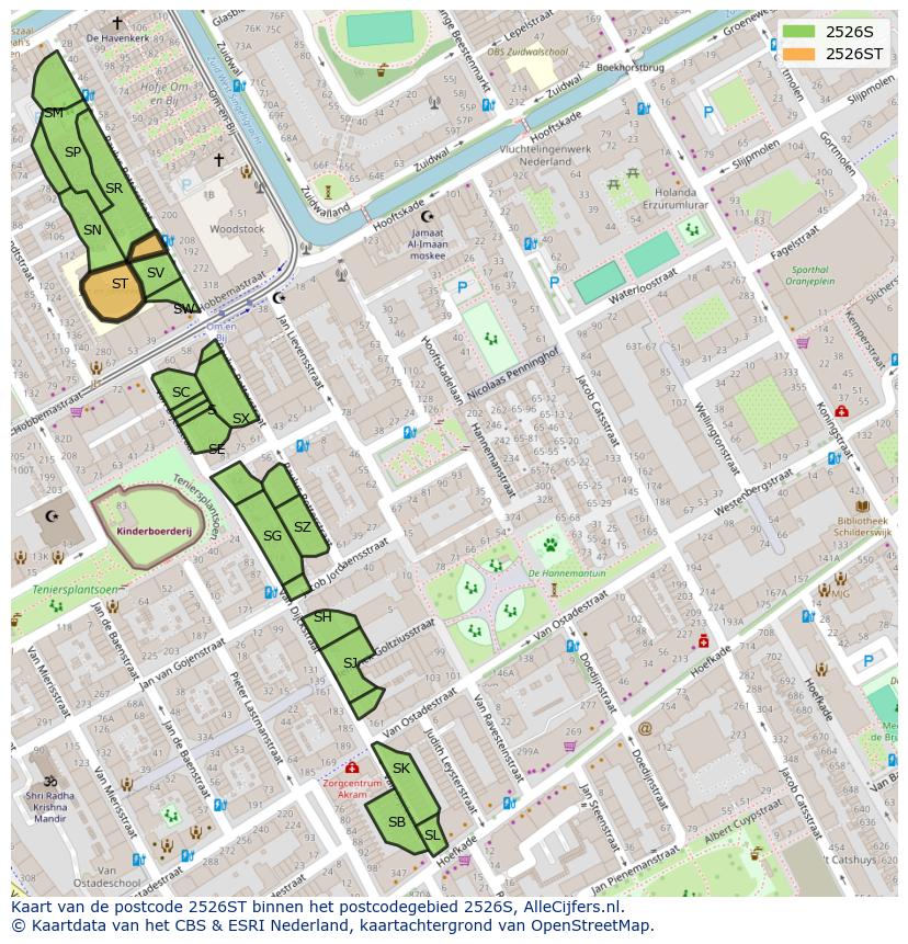 Afbeelding van het postcodegebied 2526 ST op de kaart.