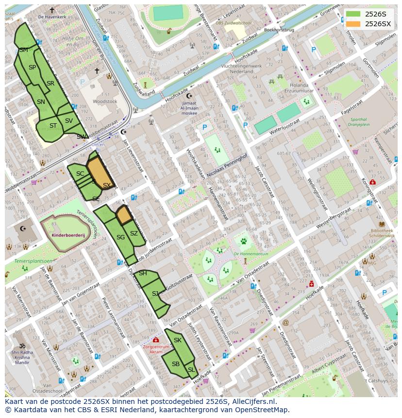 Afbeelding van het postcodegebied 2526 SX op de kaart.
