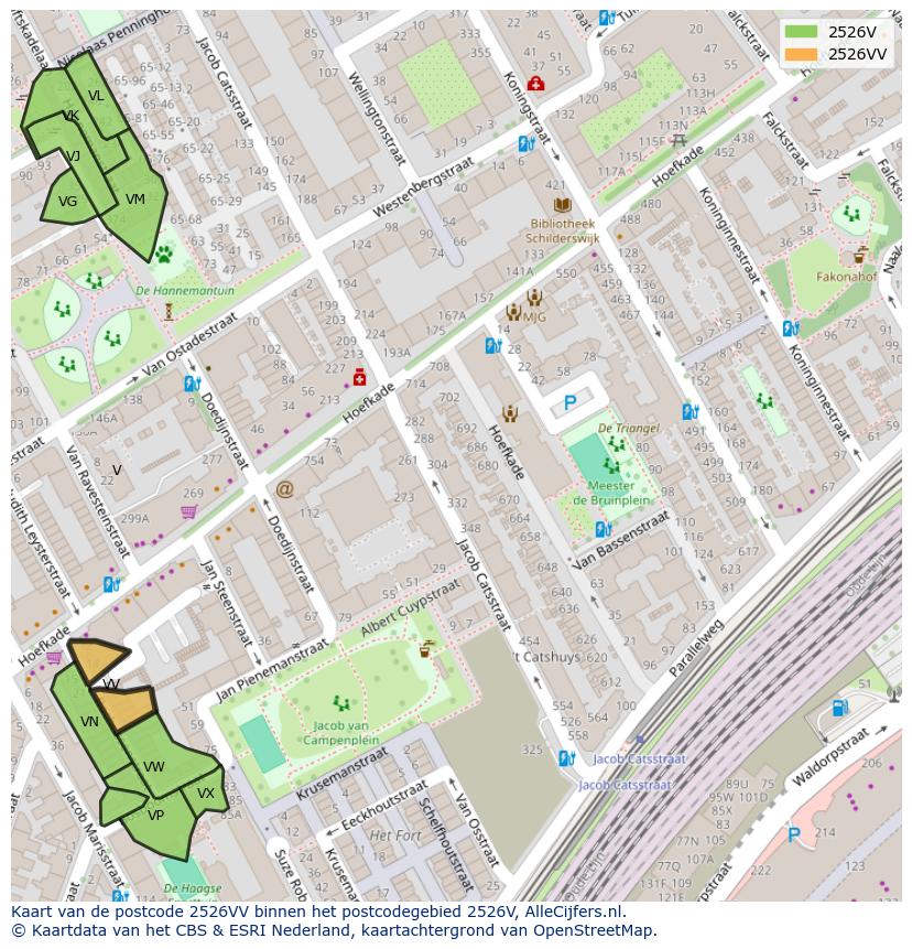 Afbeelding van het postcodegebied 2526 VV op de kaart.