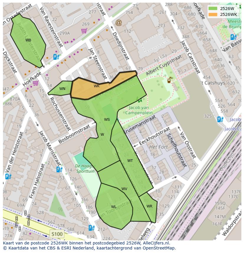 Afbeelding van het postcodegebied 2526 WK op de kaart.
