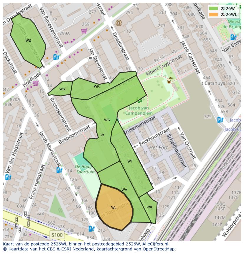 Afbeelding van het postcodegebied 2526 WL op de kaart.