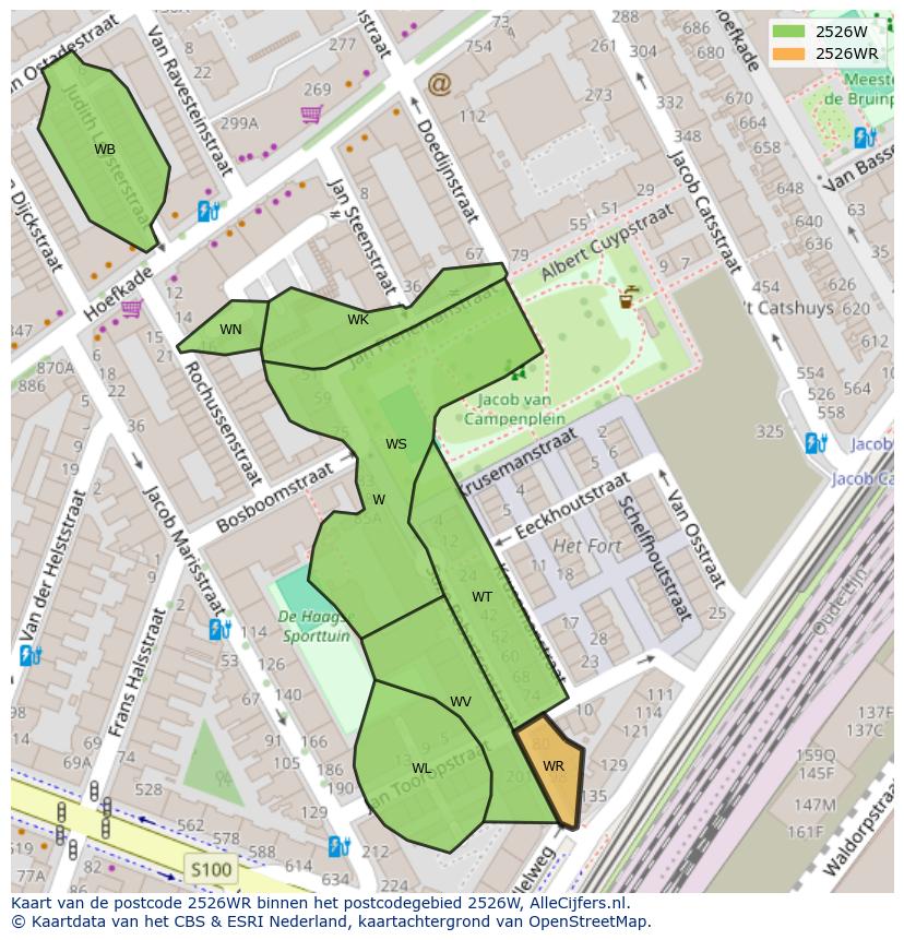 Afbeelding van het postcodegebied 2526 WR op de kaart.