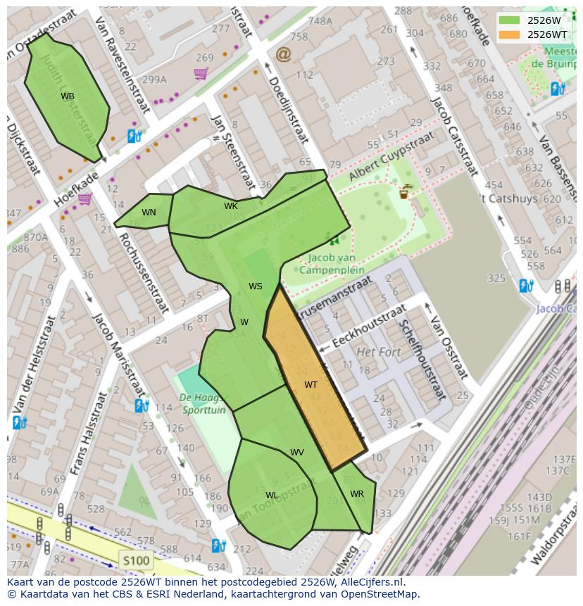 Afbeelding van het postcodegebied 2526 WT op de kaart.