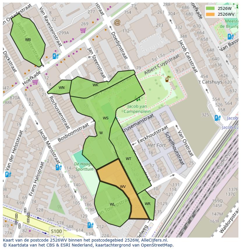 Afbeelding van het postcodegebied 2526 WV op de kaart.