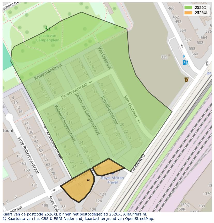 Afbeelding van het postcodegebied 2526 XL op de kaart.