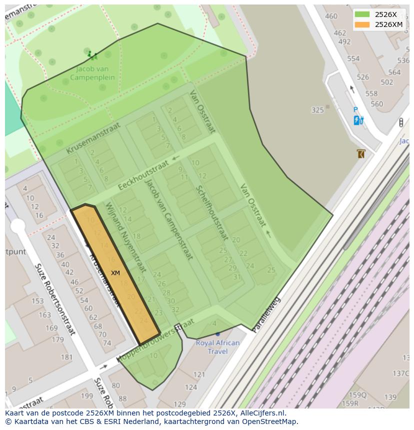 Afbeelding van het postcodegebied 2526 XM op de kaart.