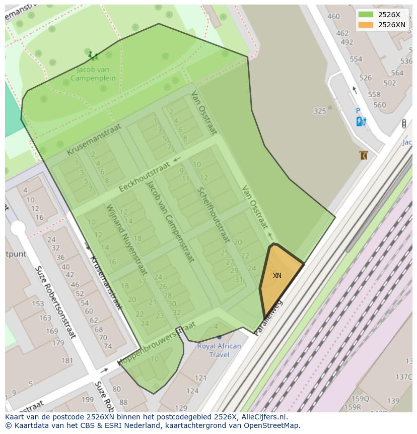 Afbeelding van het postcodegebied 2526 XN op de kaart.