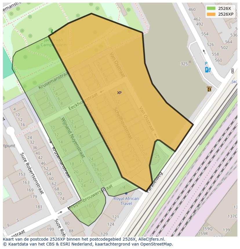 Afbeelding van het postcodegebied 2526 XP op de kaart.