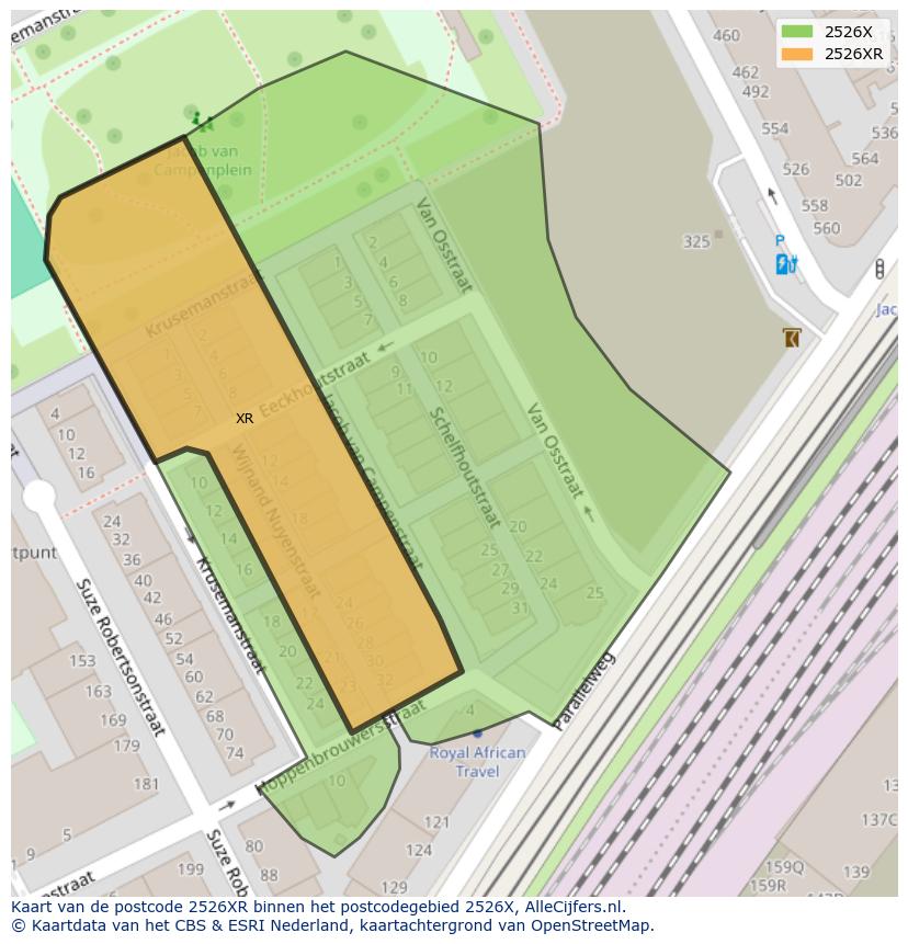 Afbeelding van het postcodegebied 2526 XR op de kaart.