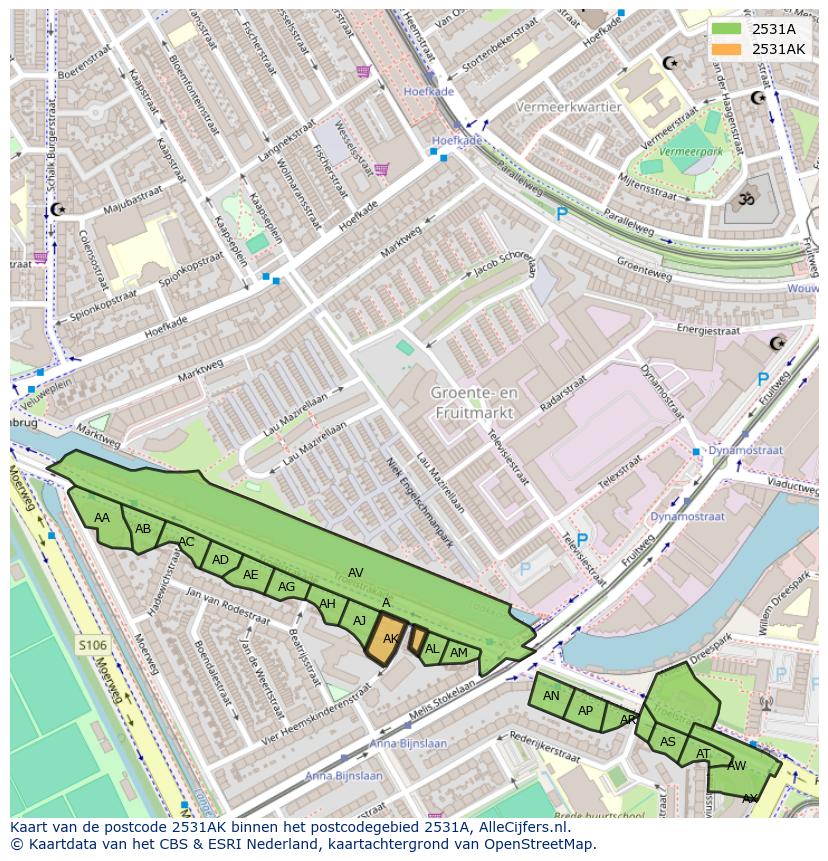 Afbeelding van het postcodegebied 2531 AK op de kaart.