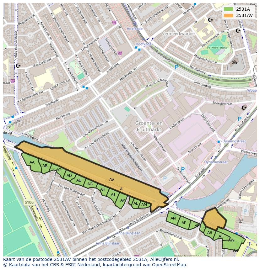 Afbeelding van het postcodegebied 2531 AV op de kaart.