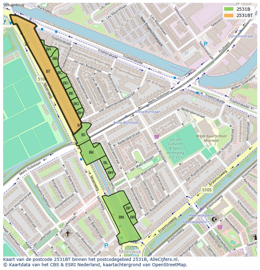 Afbeelding van het postcodegebied 2531 BT op de kaart.