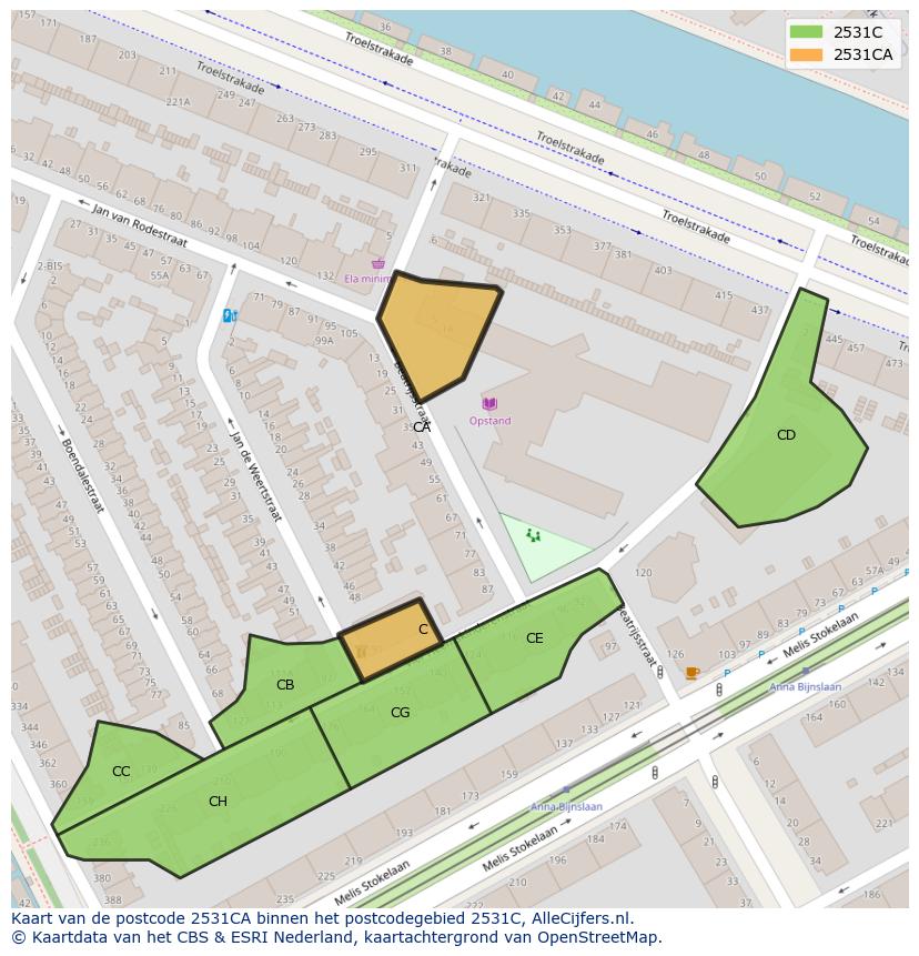 Afbeelding van het postcodegebied 2531 CA op de kaart.