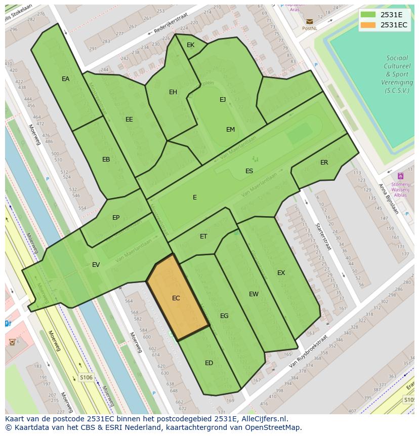 Afbeelding van het postcodegebied 2531 EC op de kaart.