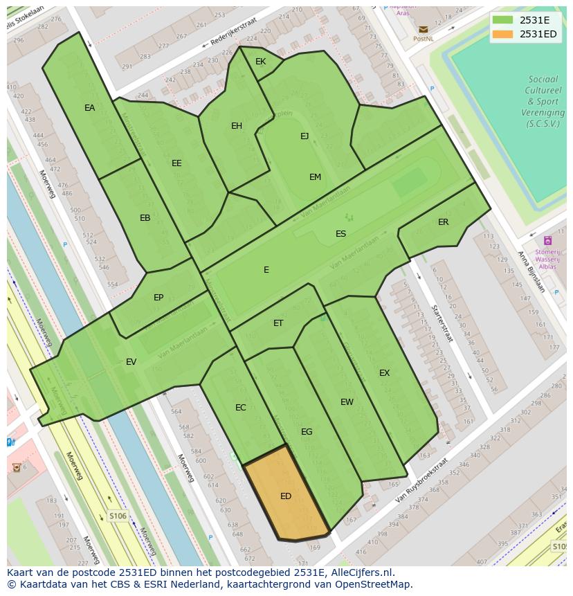 Afbeelding van het postcodegebied 2531 ED op de kaart.