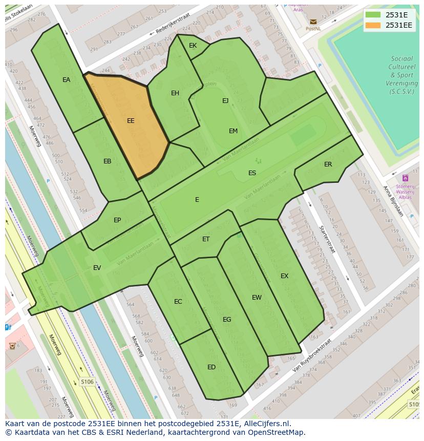 Afbeelding van het postcodegebied 2531 EE op de kaart.