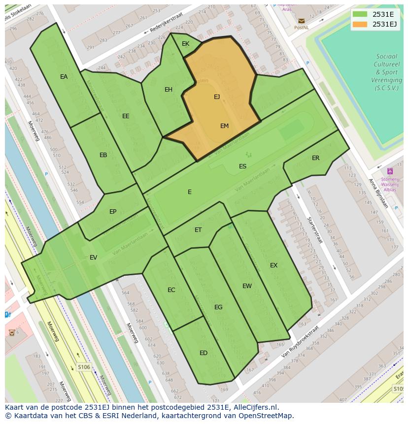 Afbeelding van het postcodegebied 2531 EJ op de kaart.