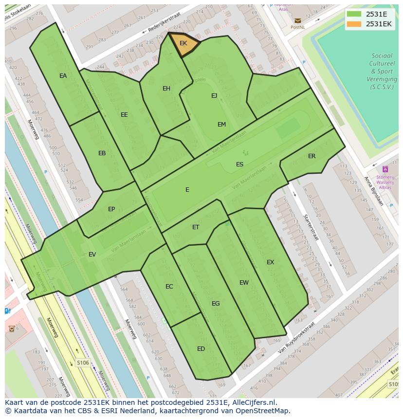 Afbeelding van het postcodegebied 2531 EK op de kaart.