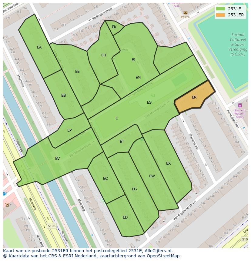 Afbeelding van het postcodegebied 2531 ER op de kaart.